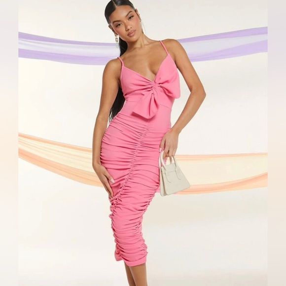 SHEIN Dresses & Skirts - NWT Womens Big Bow Front Ruched Bodycon Dress. Size Large